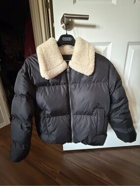Coach Black Puffer Jacket with Cream Sherpa Collar